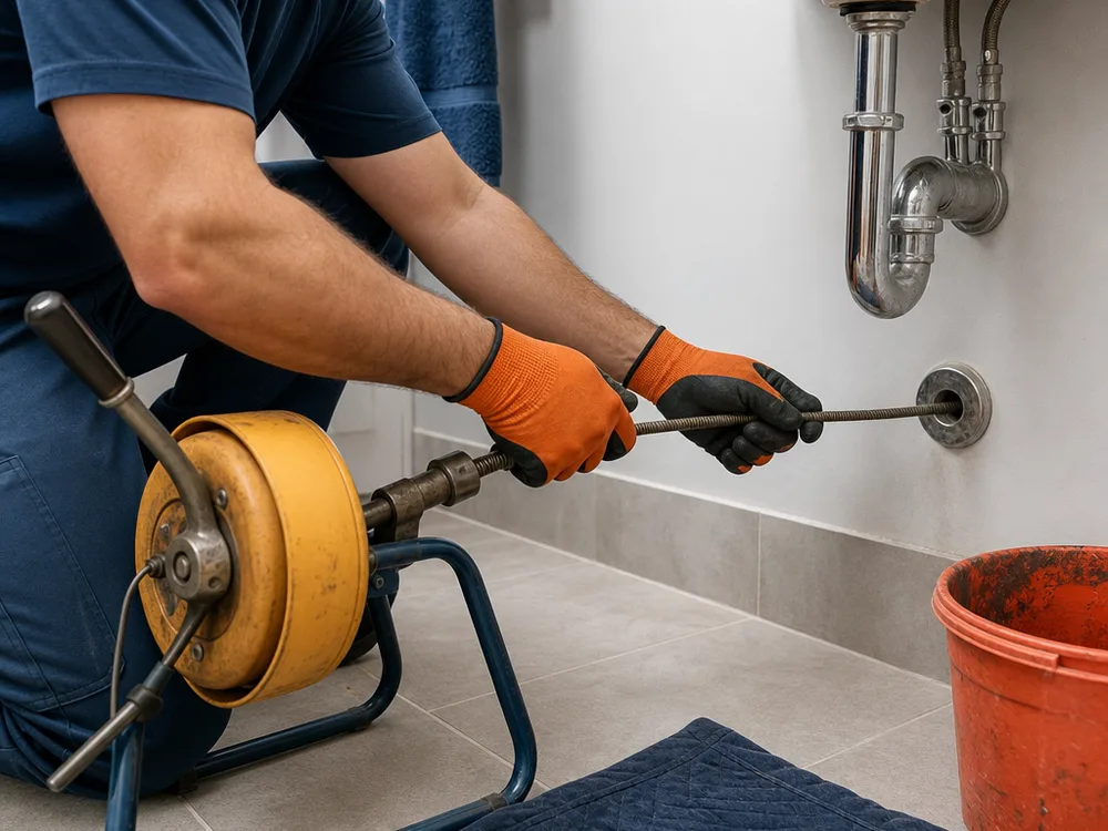 Contractor using a hand auger at a bathroom sink drain access point
