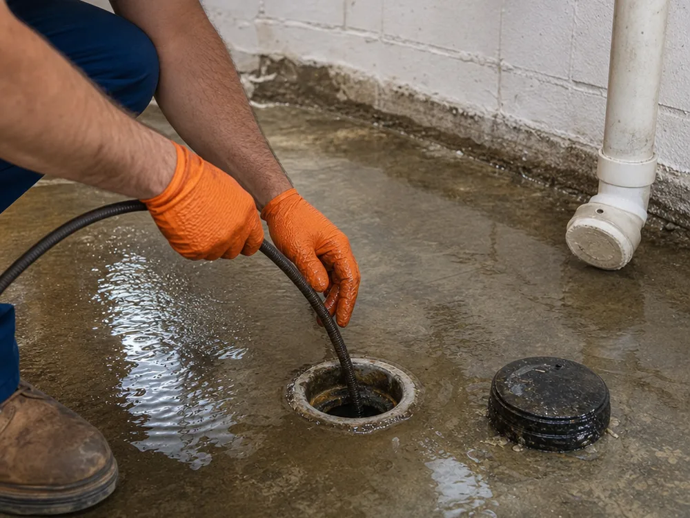 Water pooling on a basement floor near a floor drain and cleanout cap