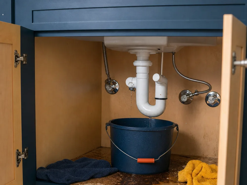 Open under-sink cabinet with a bucket, towels, and a damp cabinet base