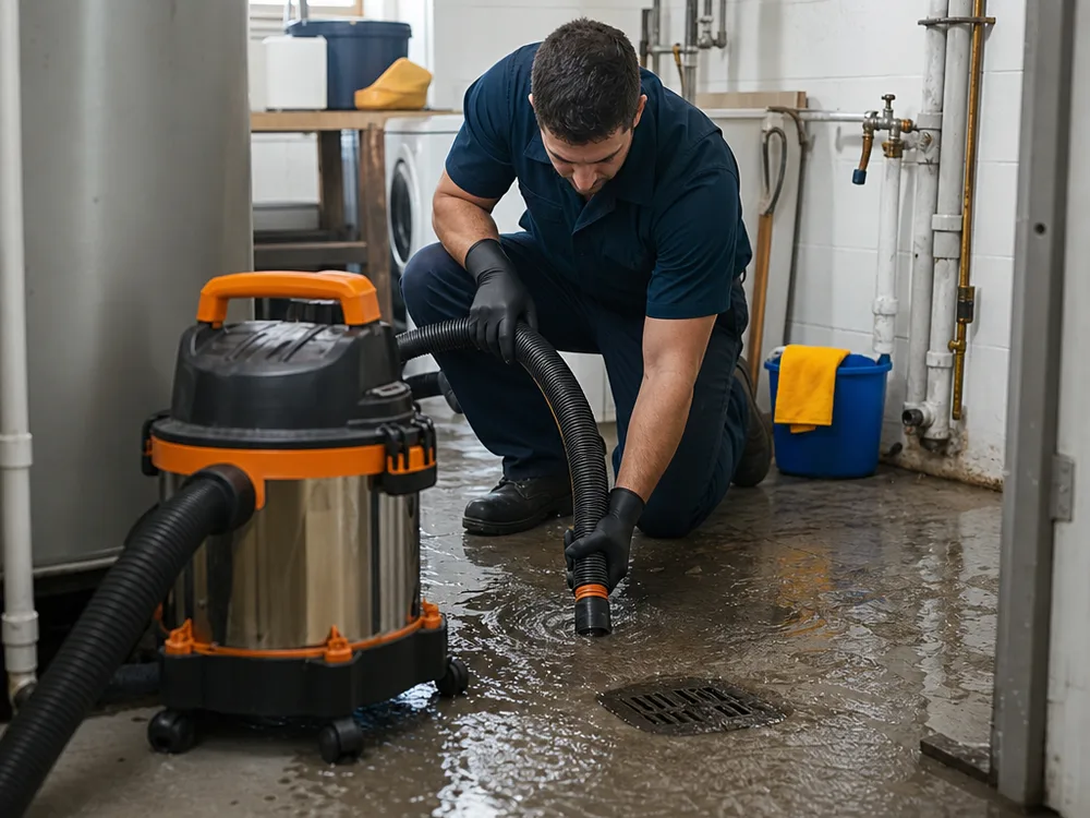 Utility room floor drain taking on water with a wet vacuum nearby