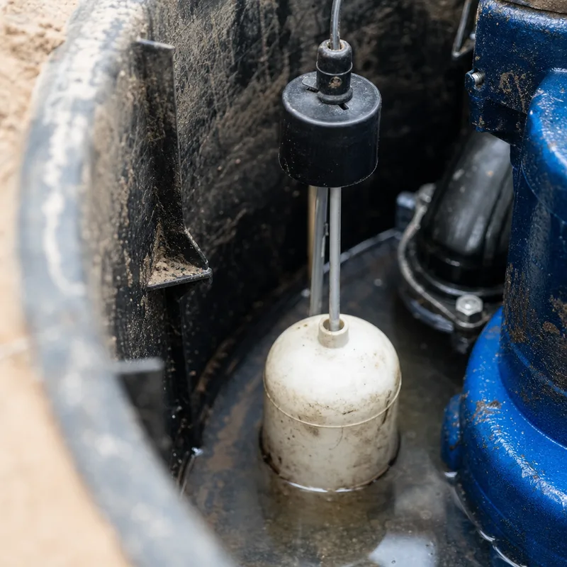Close-up of a sump pump float switch mechanism showing possible snag points inside the basin