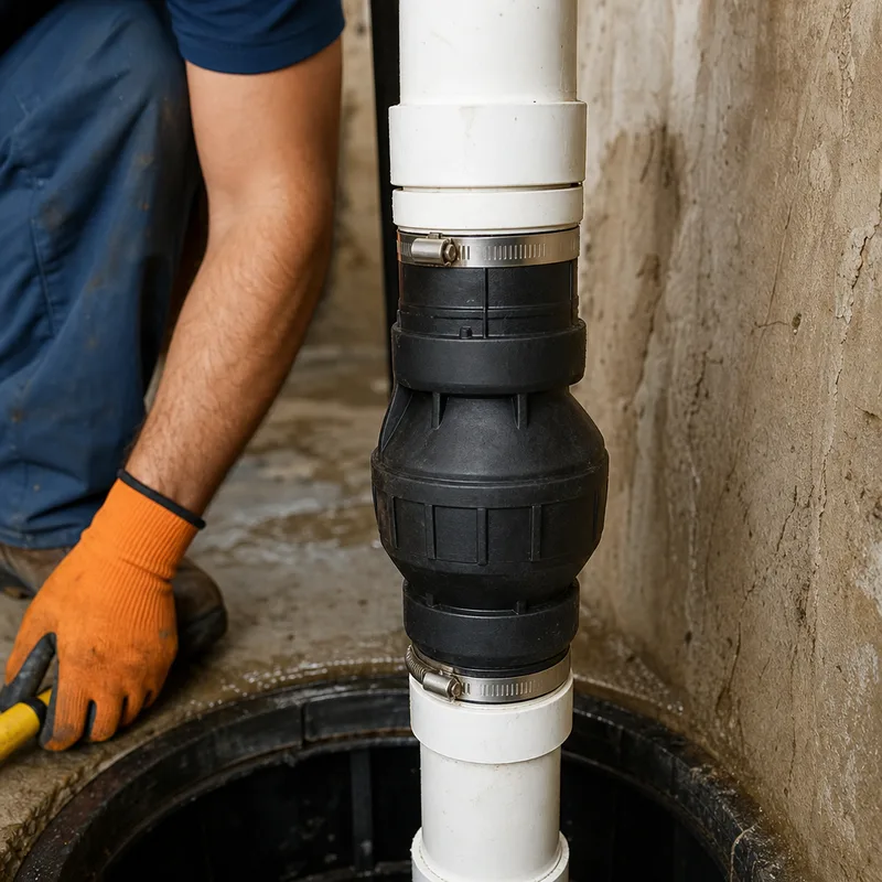 Close-up of a sump pump check valve on vertical PVC discharge piping with visible couplings and clamps