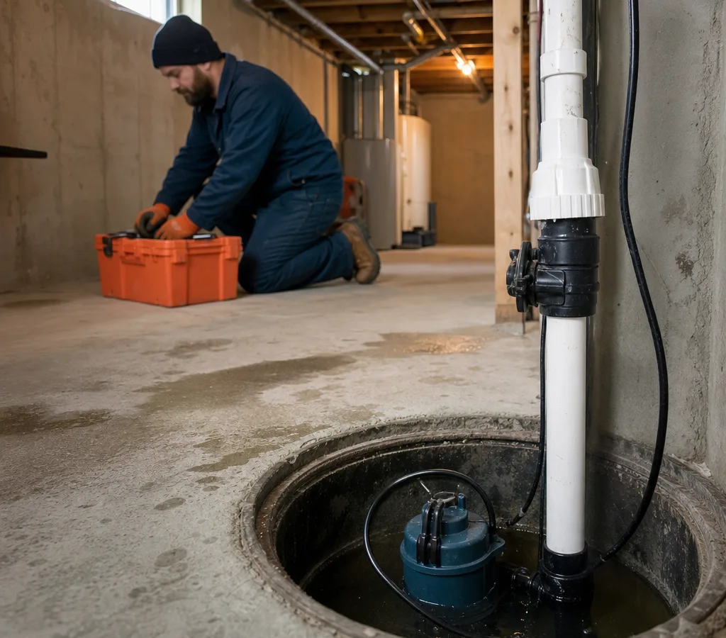 Residential basement sump pit with water, a submersible pump, check valve, and discharge pipe