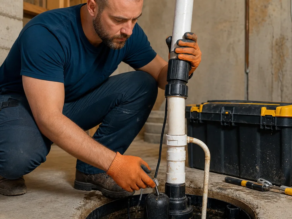 Contractor inspecting sump pump float movement, discharge connection, and check valve in a residential basement