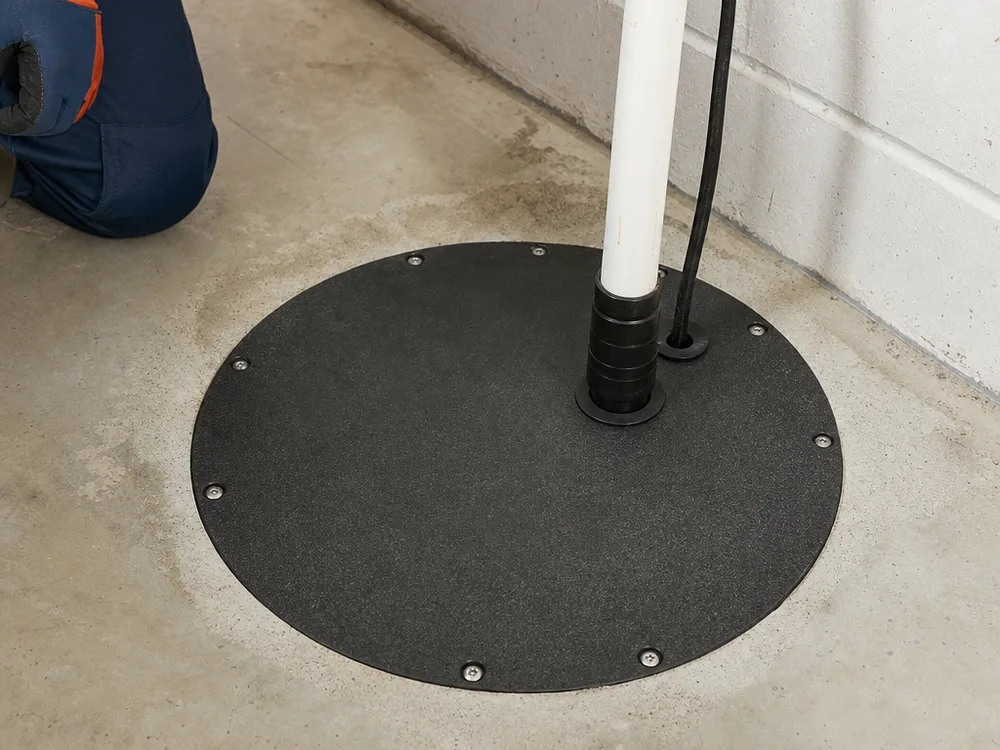 Sealed sump basin cover with grommeted discharge and electrical penetrations on a concrete basement floor