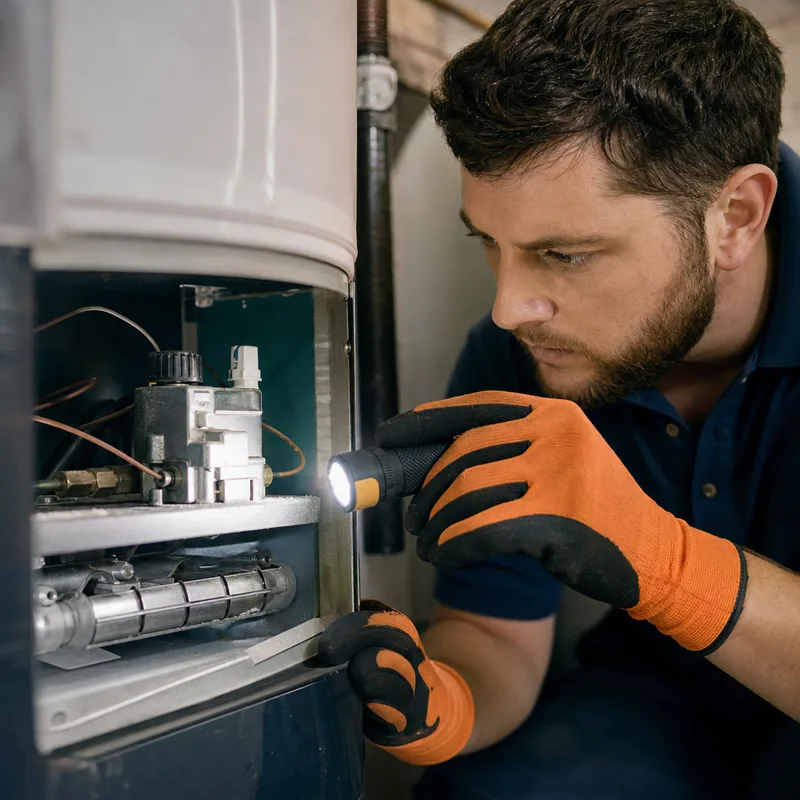 Contractor inspecting the pilot and ignition assembly inside a gas water heater burner compartment