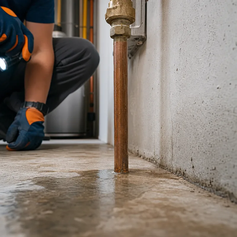 T&P valve discharge pipe near the floor showing signs of recent moisture