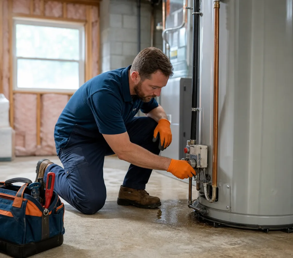 Contractor checking the control valve and base of a residential tank-style water heater for signs of leaking