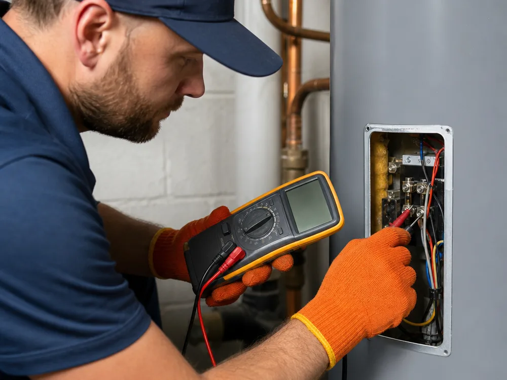 Contractor using a multimeter to test an exposed electric water heater thermostat panel