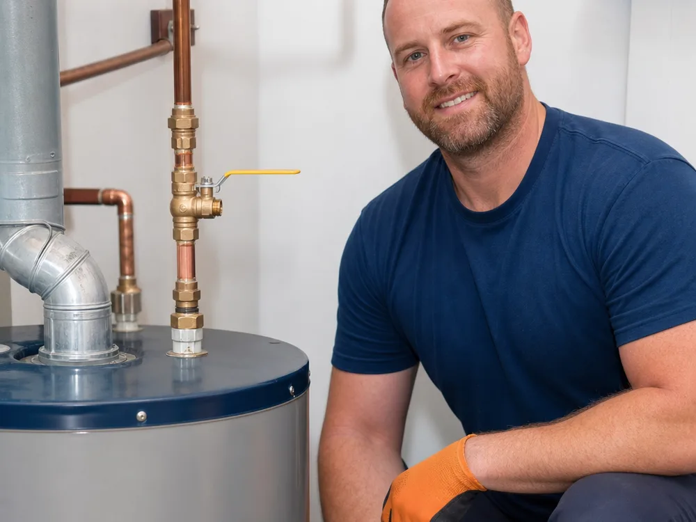 Water heater plumbing reconnected with a new shutoff valve and properly supported piping in a clean utility area
