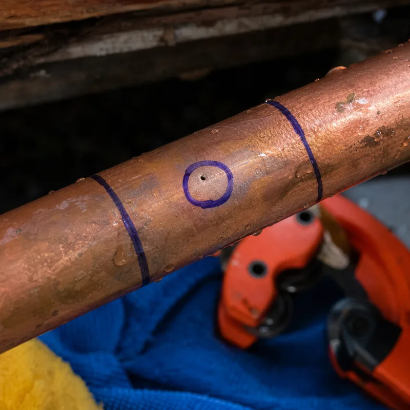 Copper pipe with a marked pinhole leak and a damaged section ready for replacement