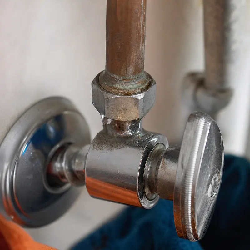 Compression stop valve beneath a sink with a bead of water at the leaking nut