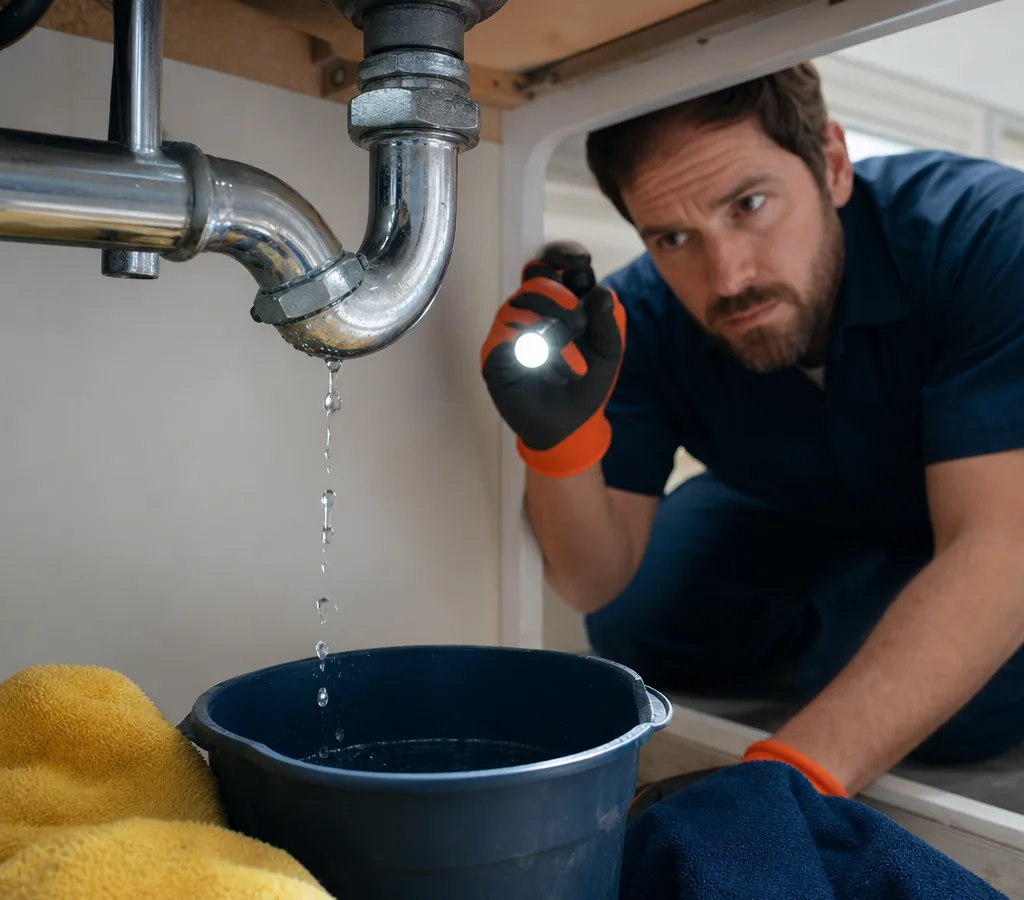 Residential water supply pipe dripping at a fitting beneath a sink with towels and a bucket catching water