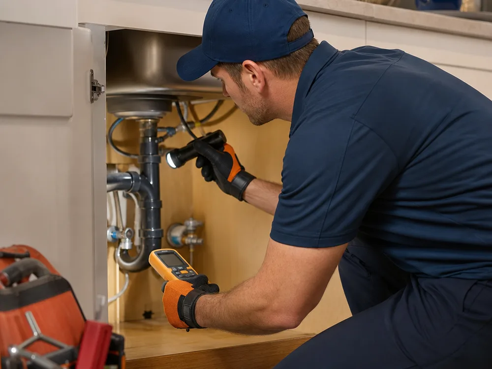 Contractor inspecting plumbing inside a kitchen sink cabinet with a flashlight and moisture meter