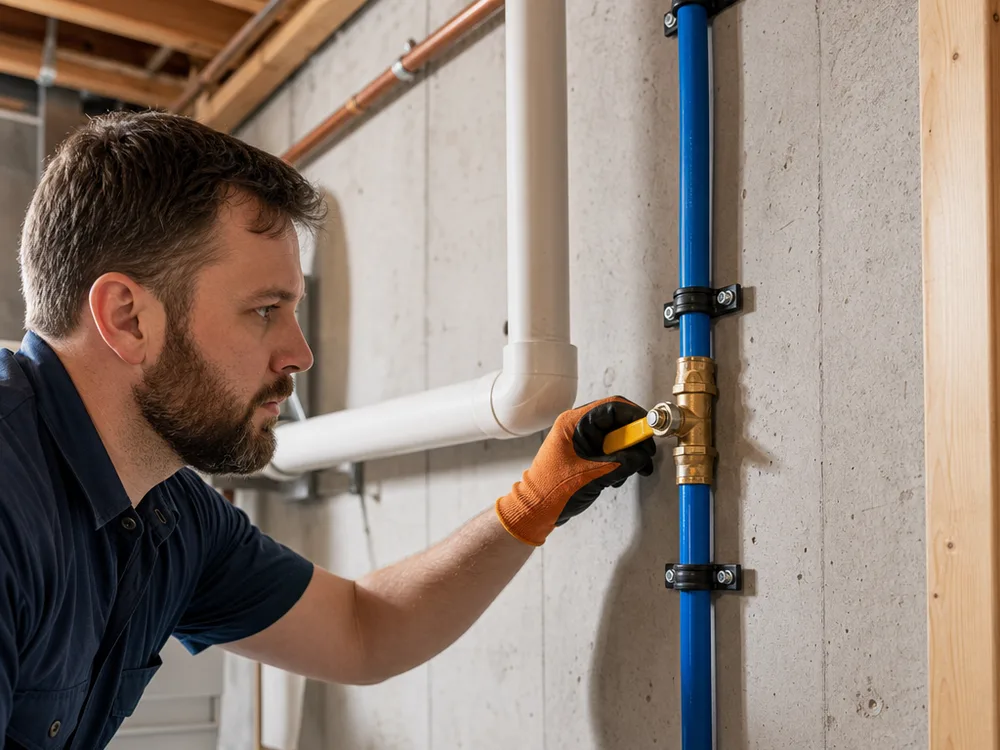 Supported PEX water line with clamp rings and a cleanly installed shutoff valve in a basement mechanical area