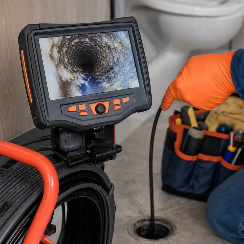 Drain camera push rod and monitor showing an in-pipe view of buildup on pipe walls