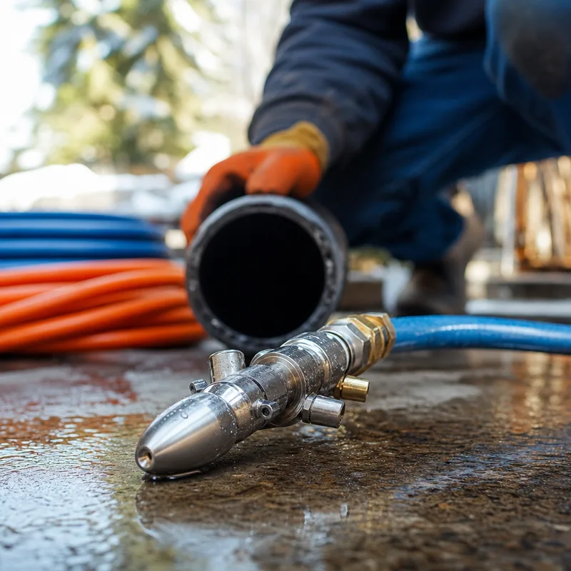 Hydro jetting nozzle and high-pressure hose laid out before insertion to scrub pipe walls