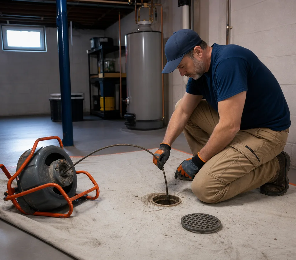 Contractor feeding a drain cable into an indoor cleanout with protective floor covering in a residential utility area
