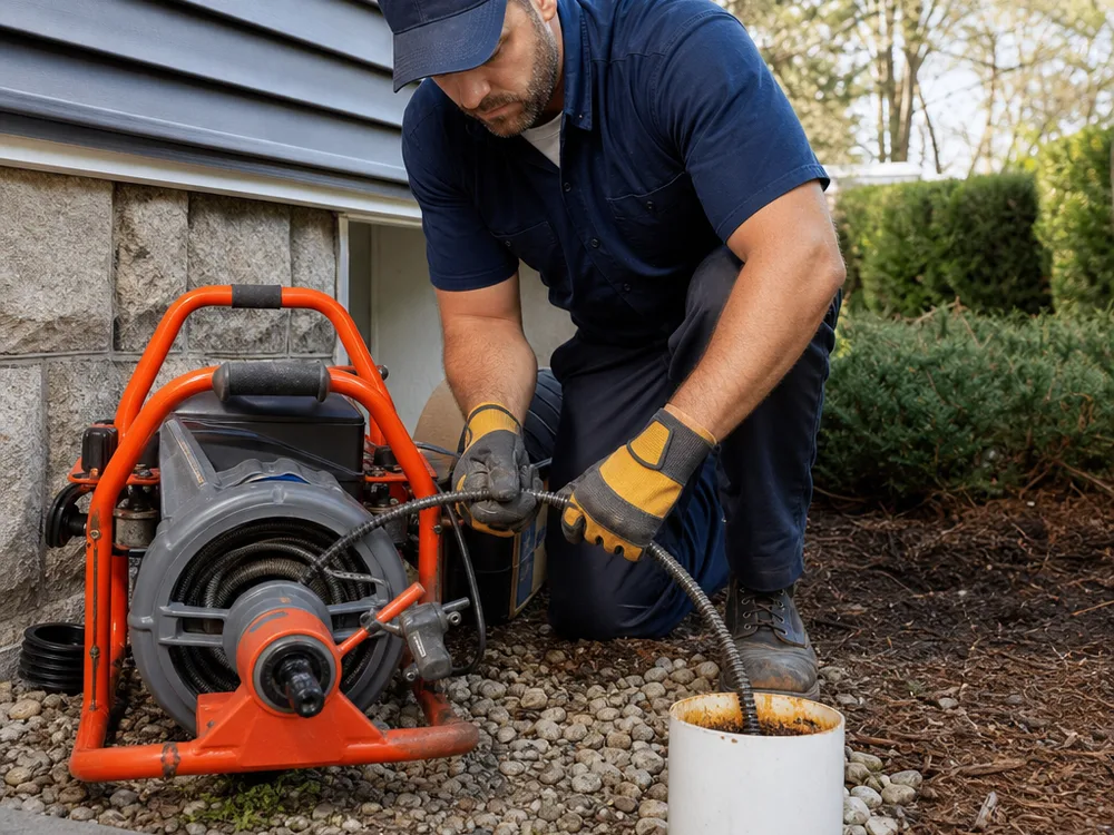 Contractor setting up a drain machine near a cleanout with the cable, drum, and safety gloves visible