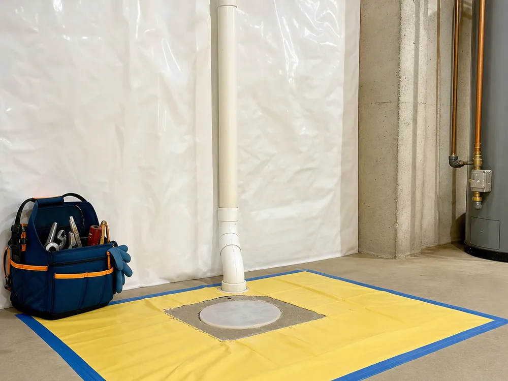 Cleanout cap area with protective covering and a wiped-down workspace after drain service