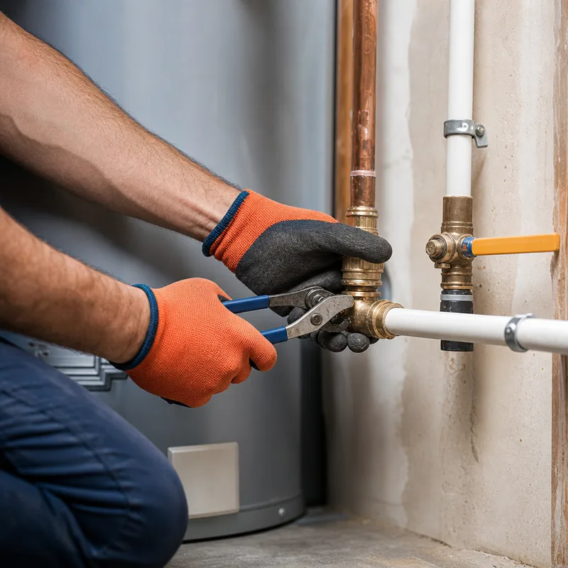 Copper-to-PEX transition using proper fittings with accessible shutoff valves near a water heater area