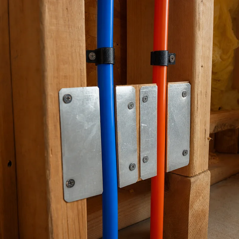 Neatly supported PEX supply lines with protective nail plates where lines pass through framing