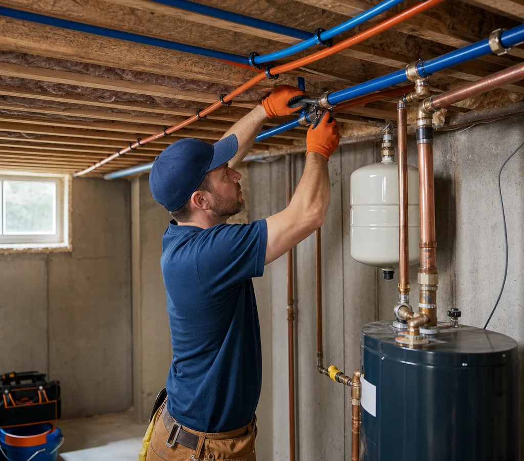 Contractor repiping a residential basement mechanical area with new water supply lines neatly supported along joists