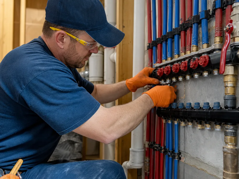 Contractor installing organized PEX water lines, manifolds, and shutoff valves in a utility room