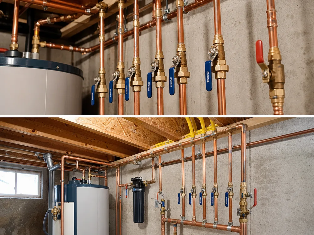 Finished mechanical area after repiping with labeled valves and organized lines along joists