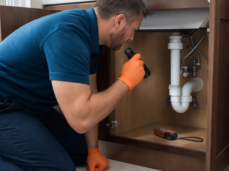Contractor inspecting plumbing beneath a vanity with a flashlight and moisture meter
